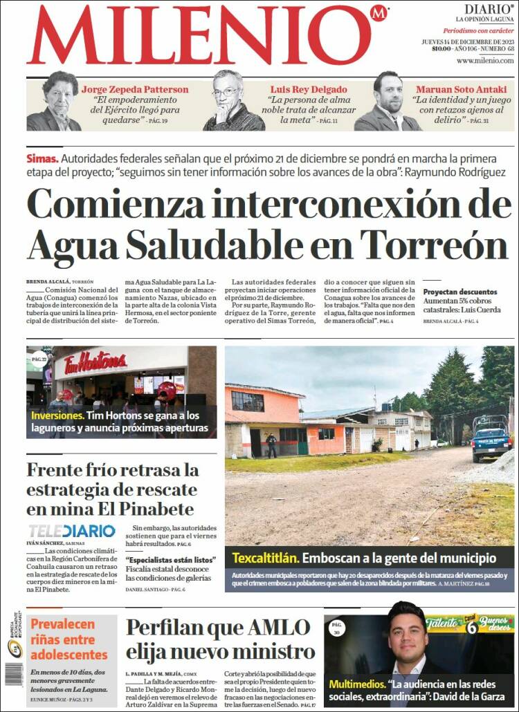 Portada de Milenio - Laguna (México)