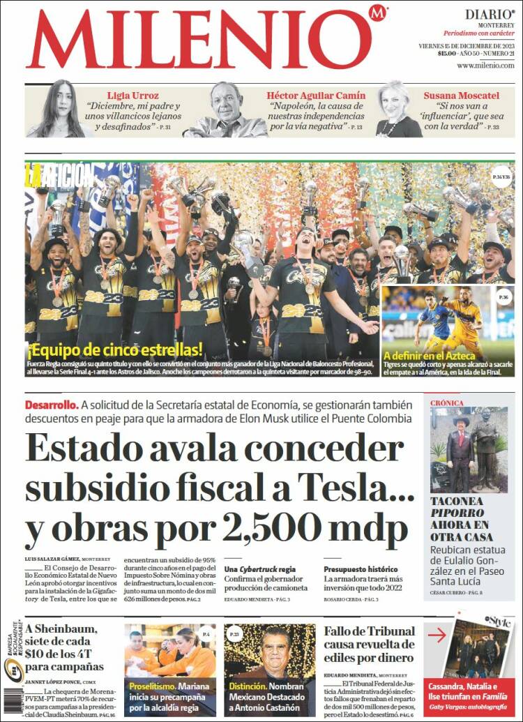 Portada de Milenio de Monterrey (México)