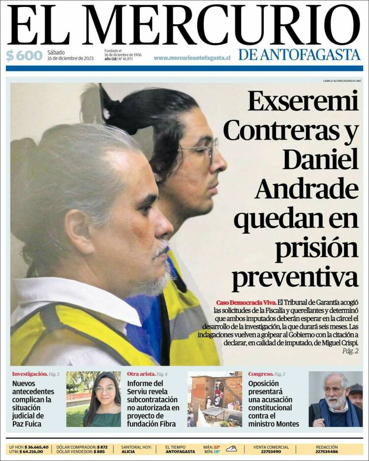 Portada de El Mercurio de Antofagasta (Chile)