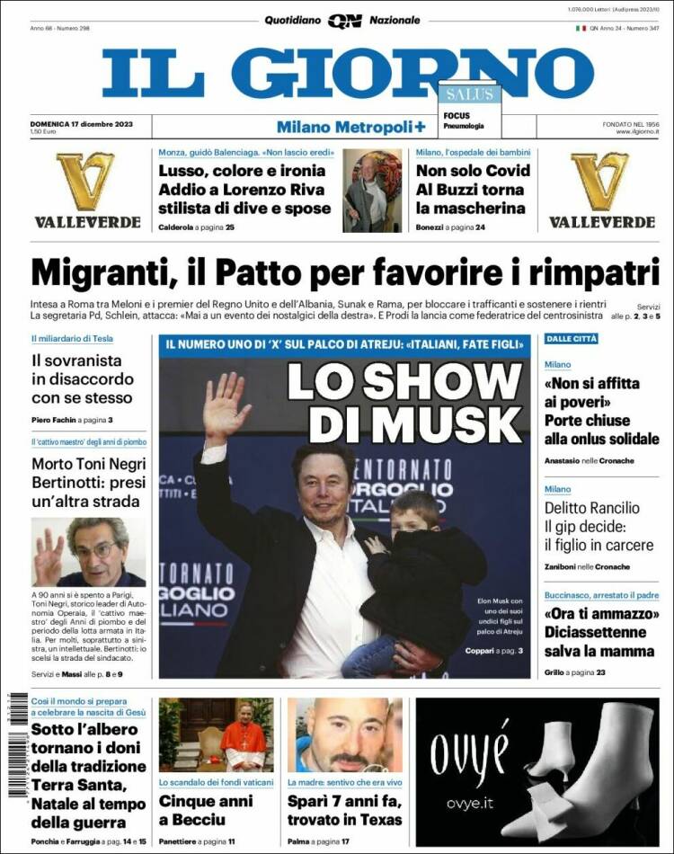 Portada de Il Giorno (Italia)