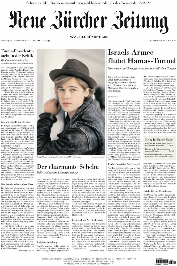 Portada de Neue Zürcher Zeitung (Suiza)