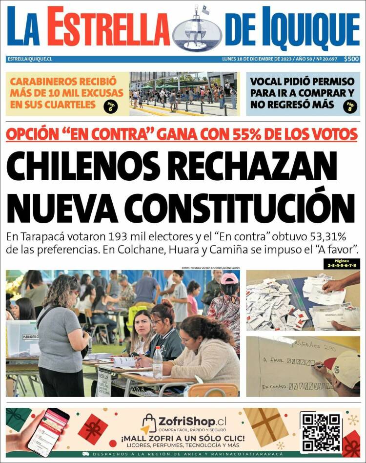 Portada de La Estrella de Iquique (Chile)