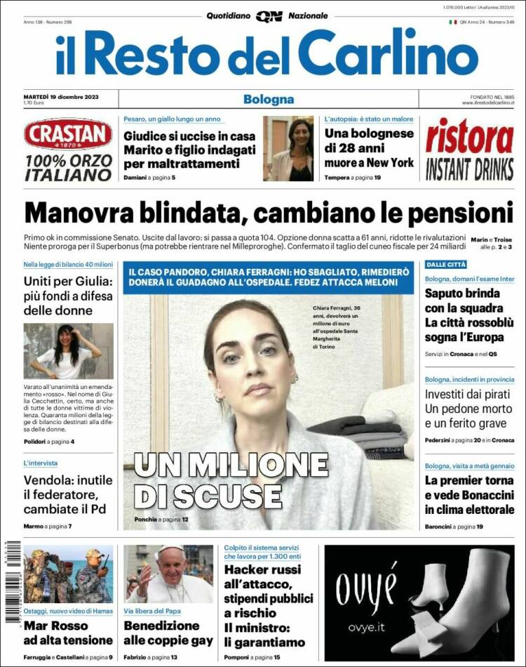 Portada de Il Resto del Carlino (Italia)