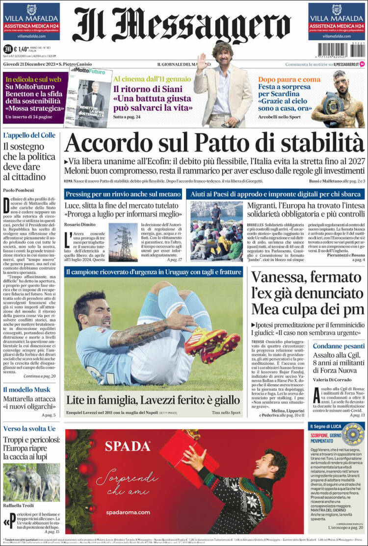 Portada de Il Messaggero (Italia)