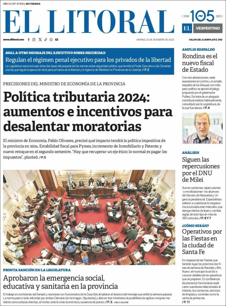 Portada de Diario El Litoral (Argentina)