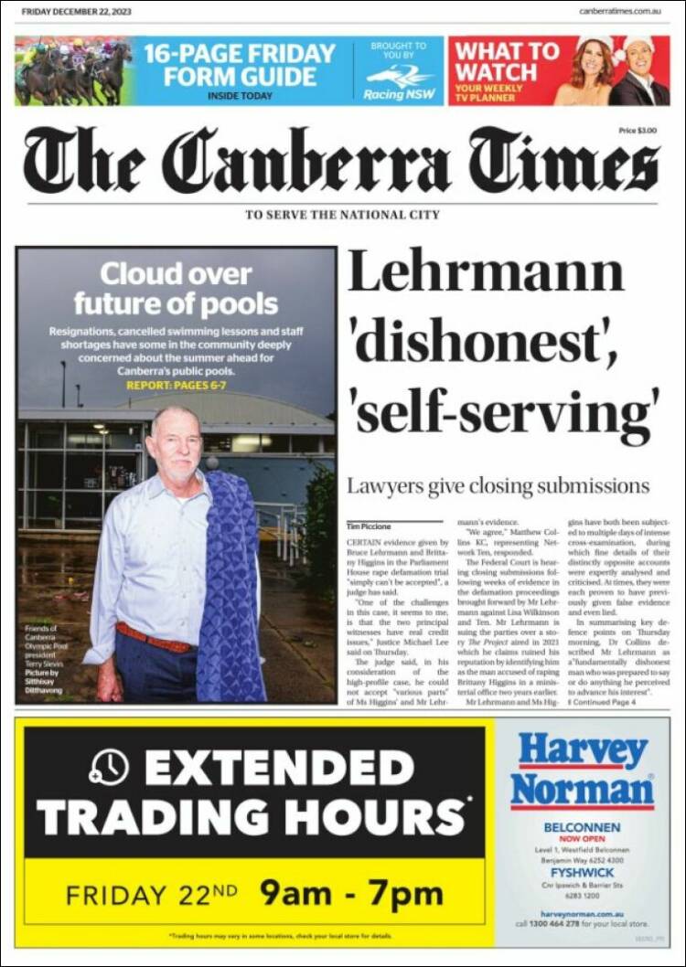 Portada de The Canberra Times (Australia)