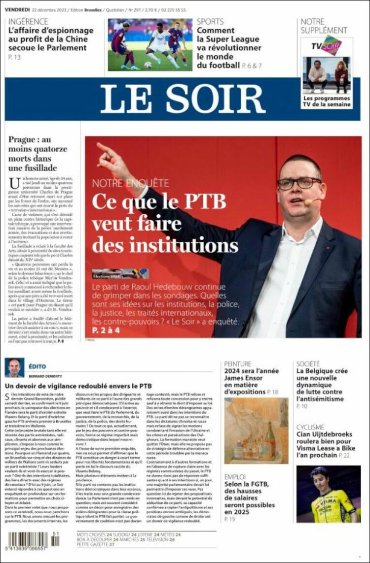 Portada de Le Soir (B&eacute;lgica)