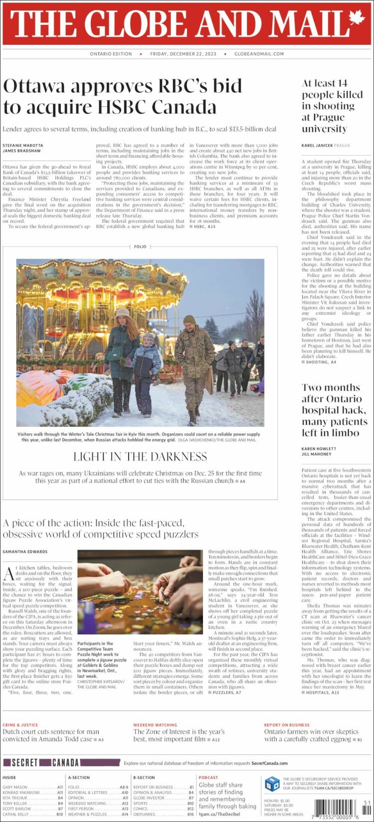 Portada de The Globe and Mail (Canadá)