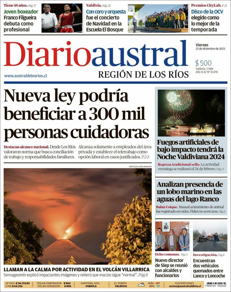 Portada de El Diario Austral de Valdivia (Chile)
