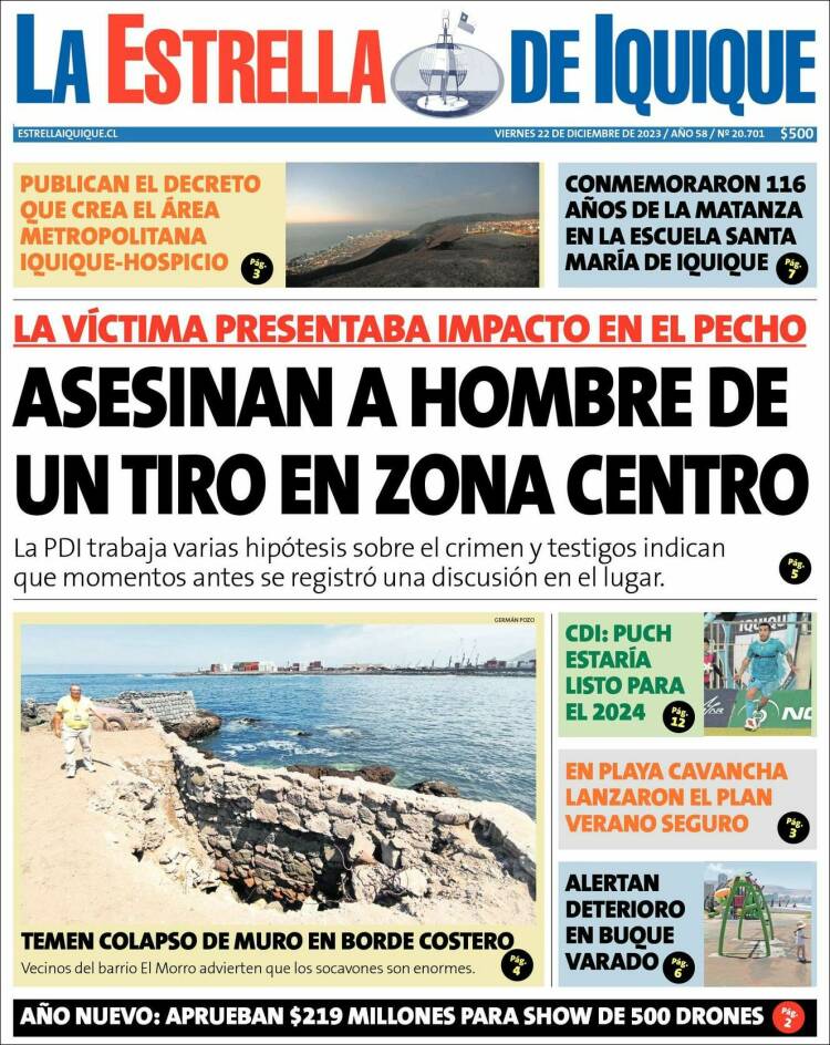 Portada de La Estrella de Iquique (Chile)