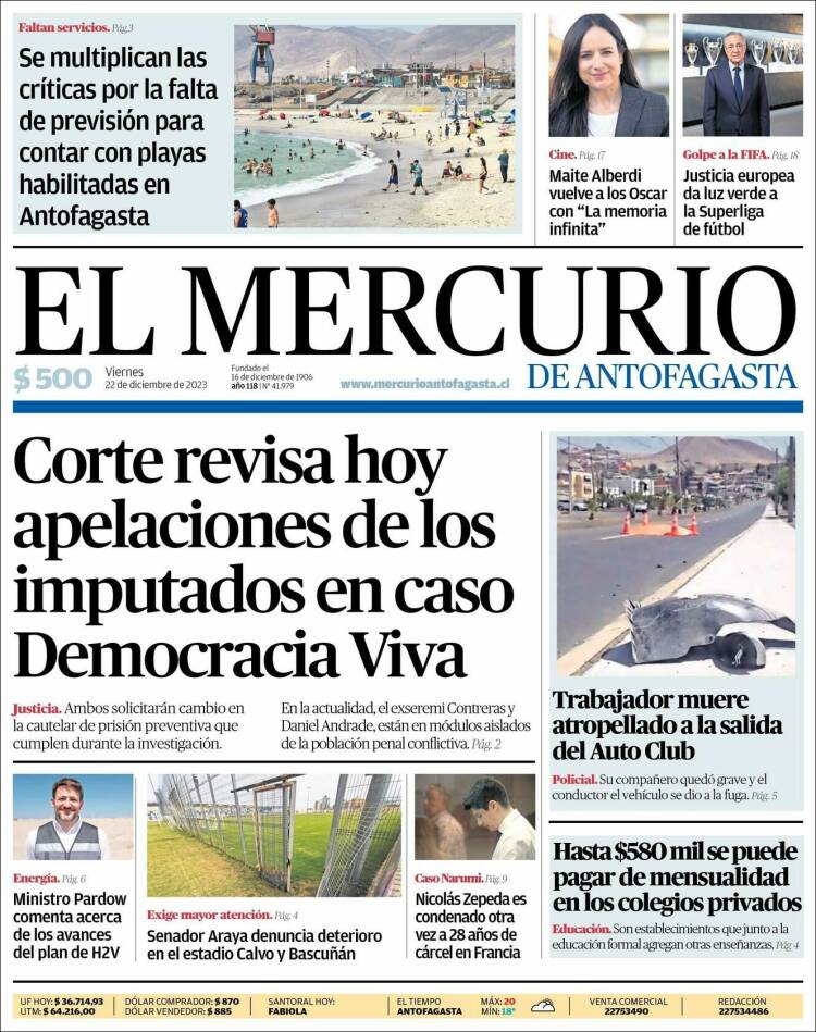 Portada de El Mercurio de Antofagasta (Chile)