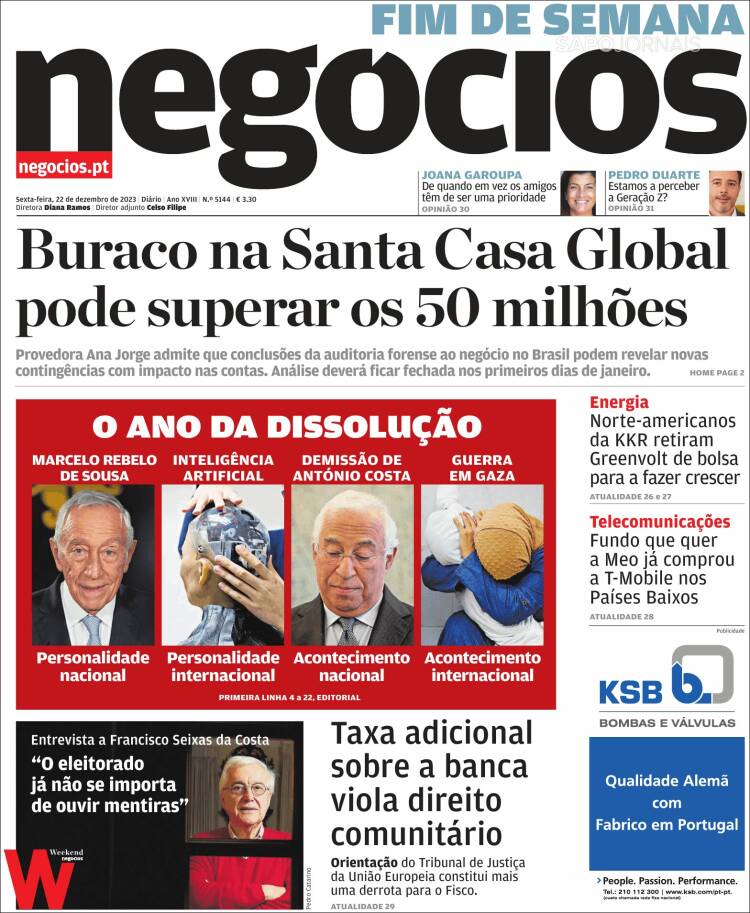 Portada de Jornal de Negócios (Portugal)