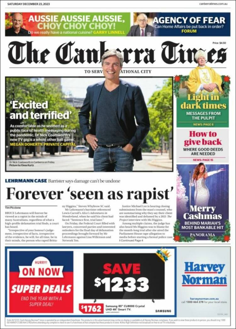 Portada de The Canberra Times (Australia)