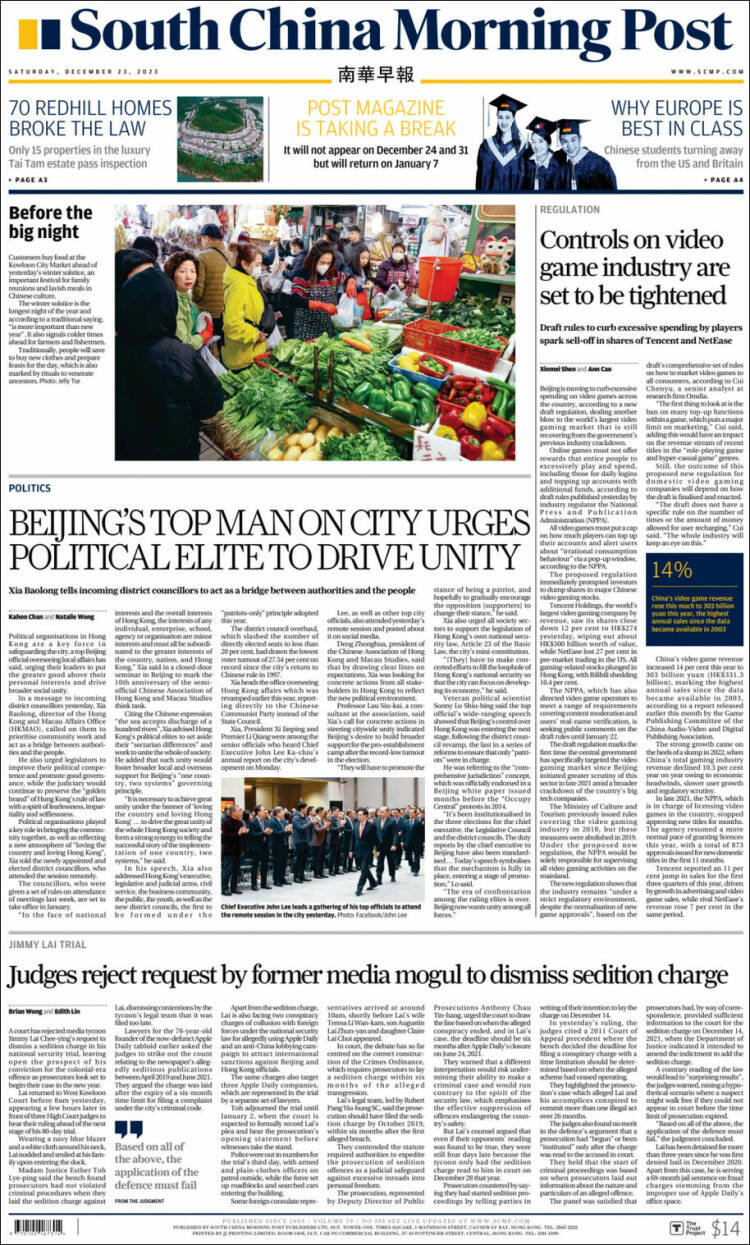 Portada de South China Morning Post (China)