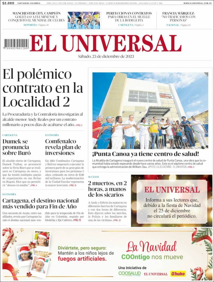 Portada de El Universal (Colombia)