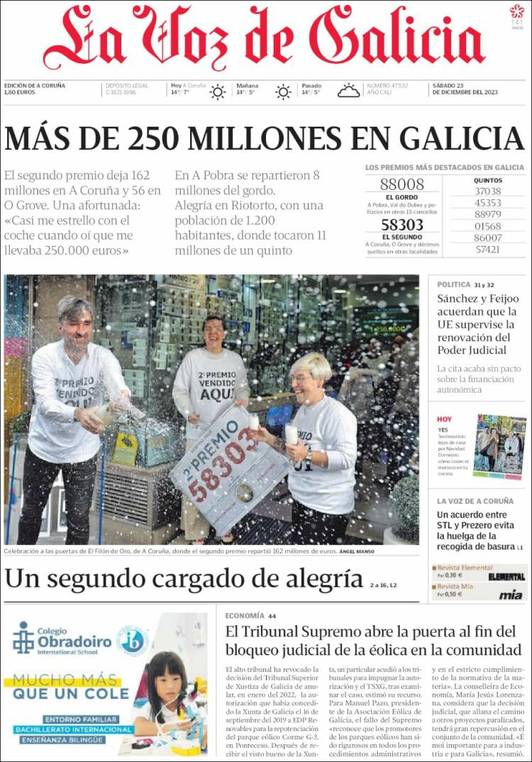 Portada de La Voz de Galicia (España)