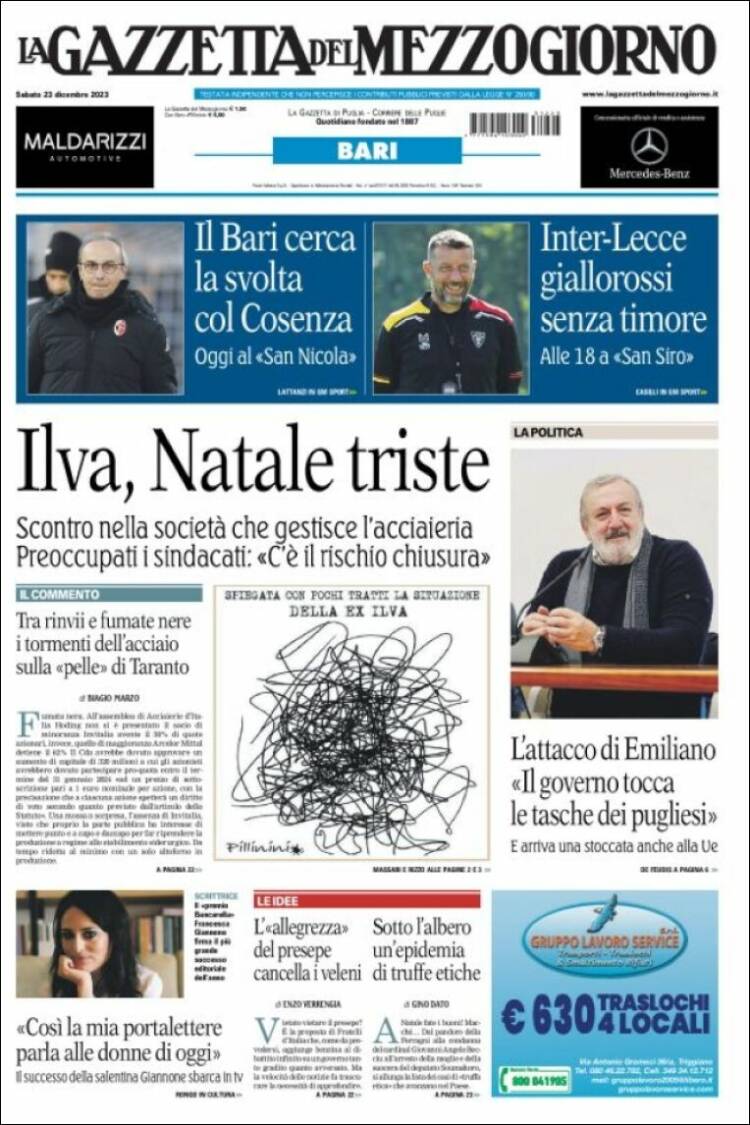 Portada de La Gazzetta del Mezzogiorno (Italia)