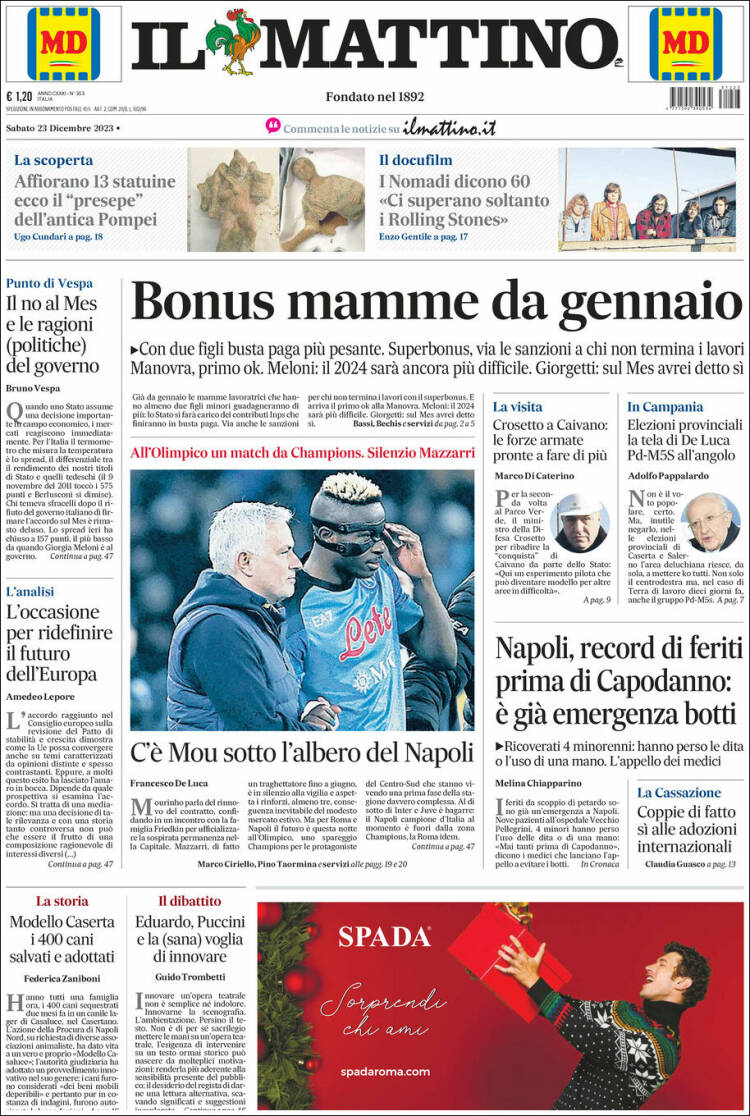 Portada de Il Mattino (Italia)
