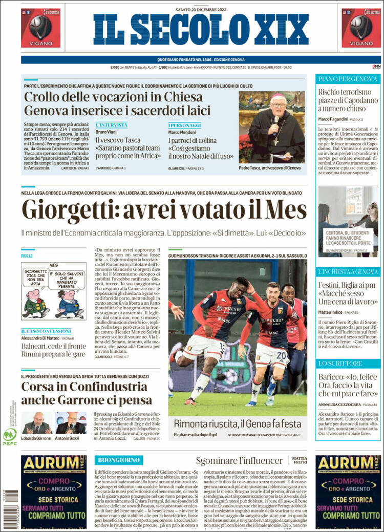 Portada de Il Secolo XIX (Italia)