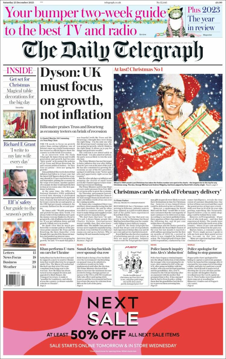 Portada de Daily Telegraph (Reino Unido)