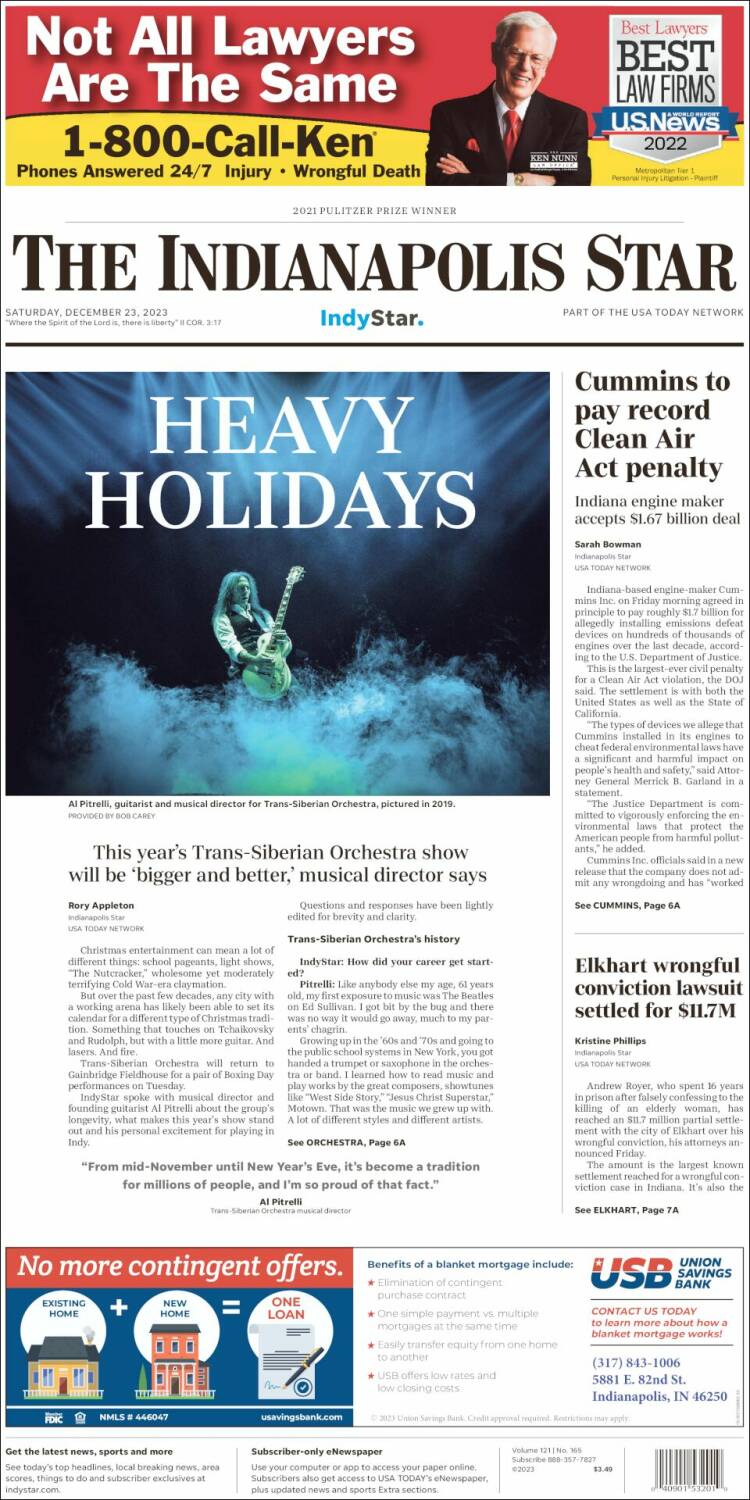 Portada de The Indianapolis Star (USA)