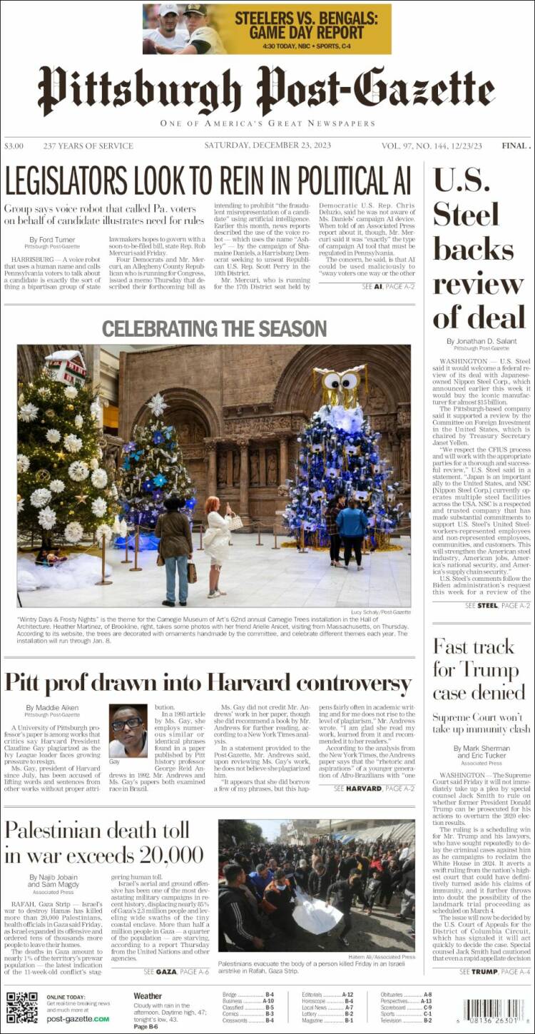 Portada de Pittsburgh Post-Gazette (USA)