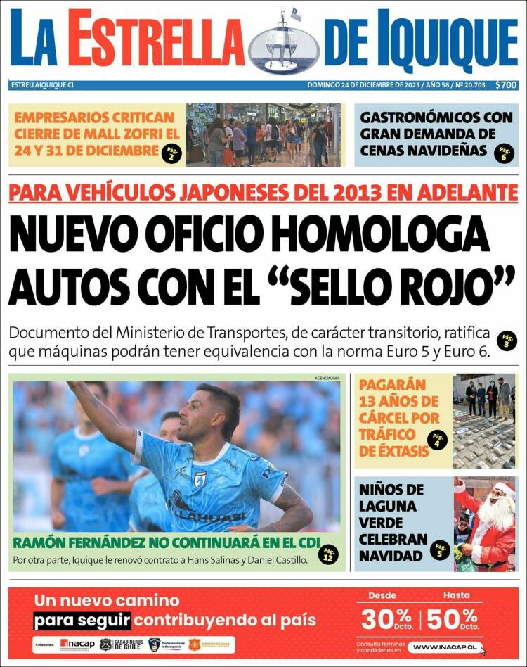 Portada de La Estrella de Iquique (Chile)