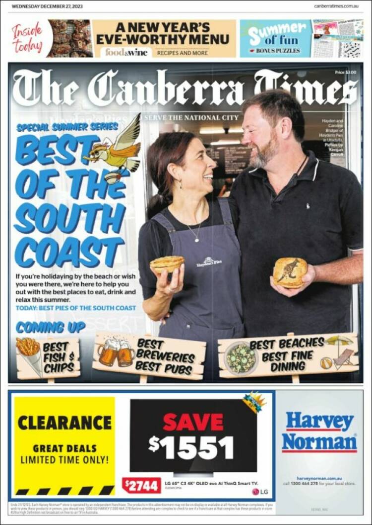 Portada de The Canberra Times (Australia)