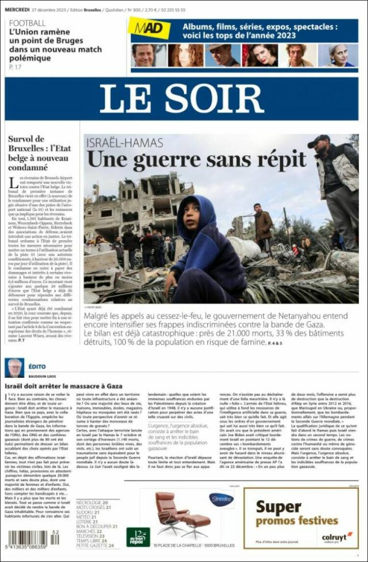 Portada de Le Soir (B&eacute;lgica)