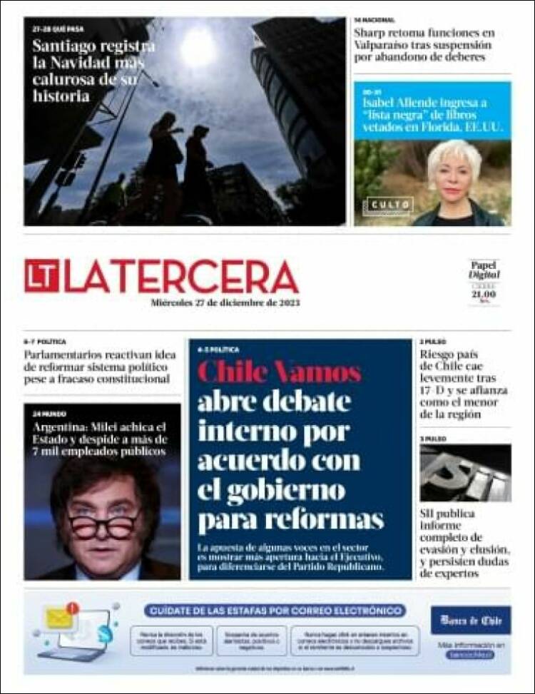 Portada de La Tercera (Chile)