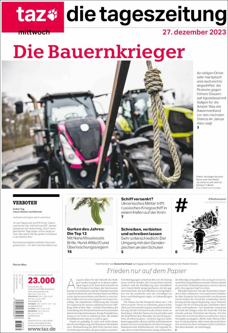 Portada de Die Tageszeitung (Alemania)
