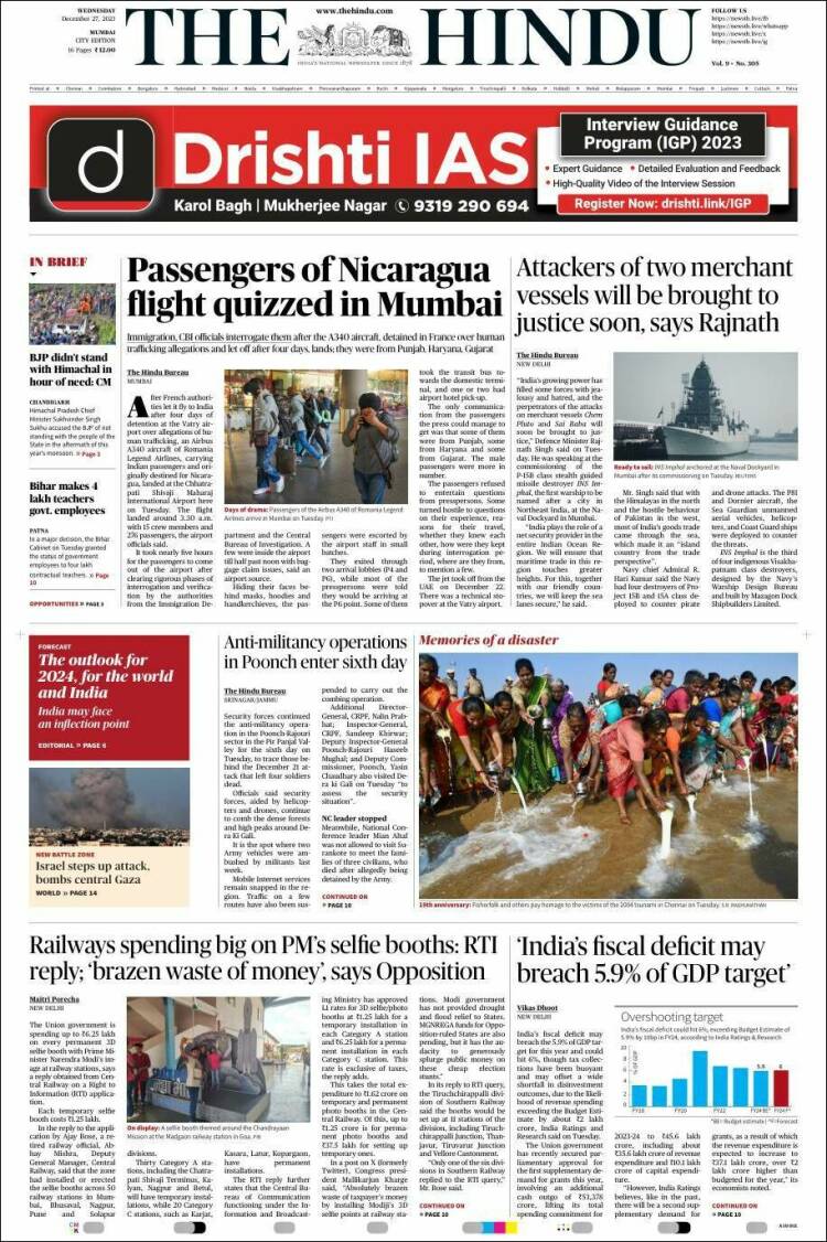 Portada de The Hindu (India)