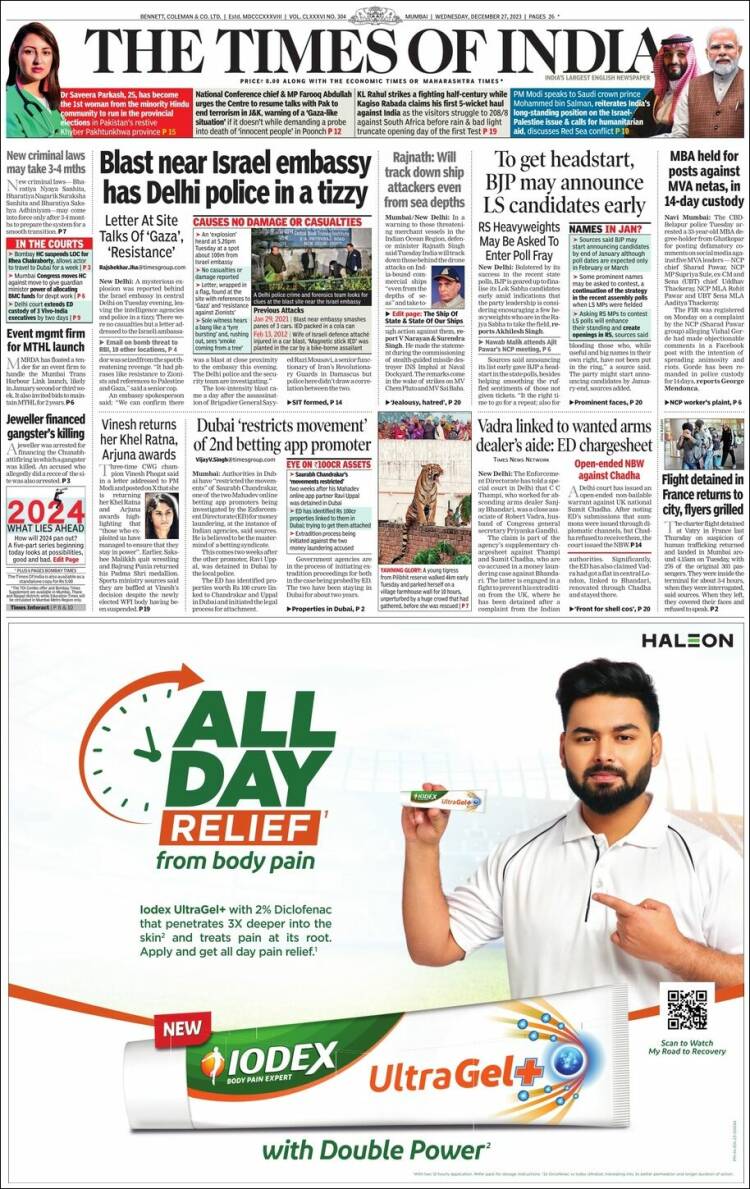 Portada de The Times of India (India)