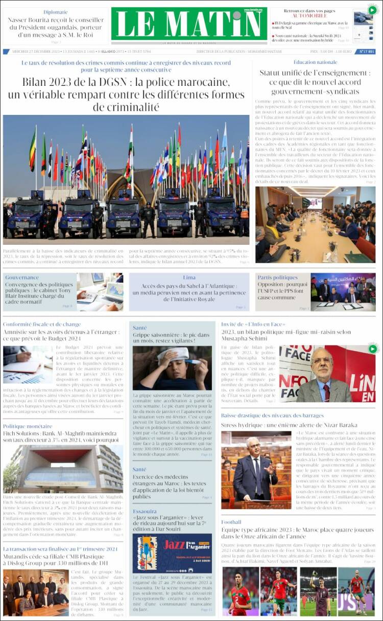 Portada de Le Matin (Marruecos)