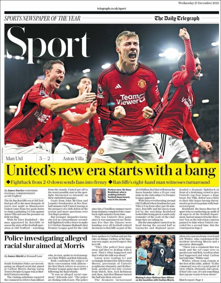 Portada de Telegraph Sport (Reino Unido)