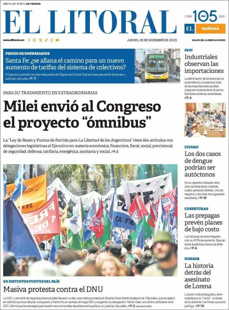 Portada de Diario El Litoral (Argentina)