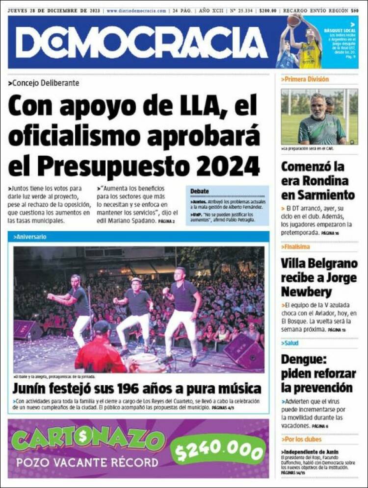 Portada de Diario Democracia (Argentina)