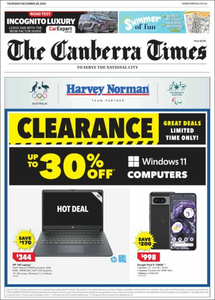 Portada de The Canberra Times (Australia)