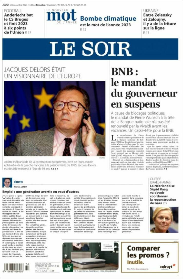 Portada de Le Soir (B&eacute;lgica)