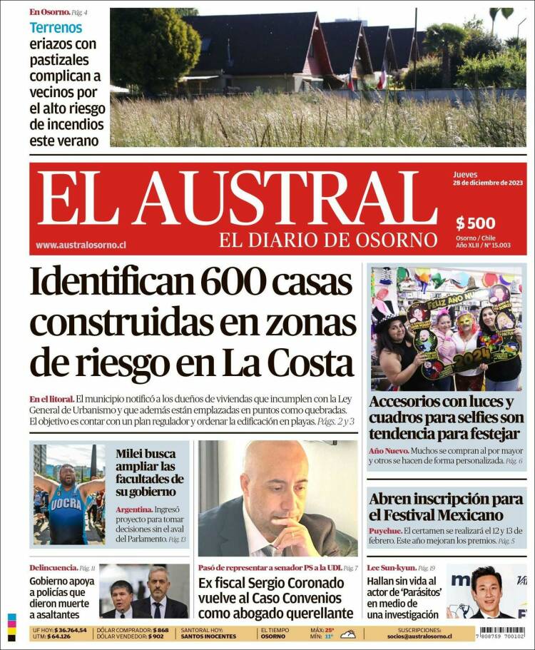 Portada de El Austral de Osorno (Chile)