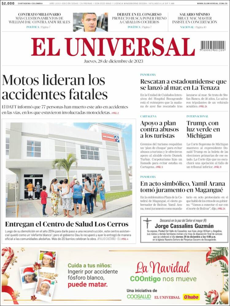 Portada de El Universal (Colombia)
