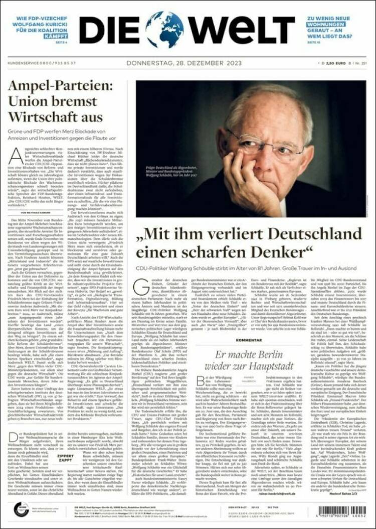 Portada de Die Welt (Alemania)