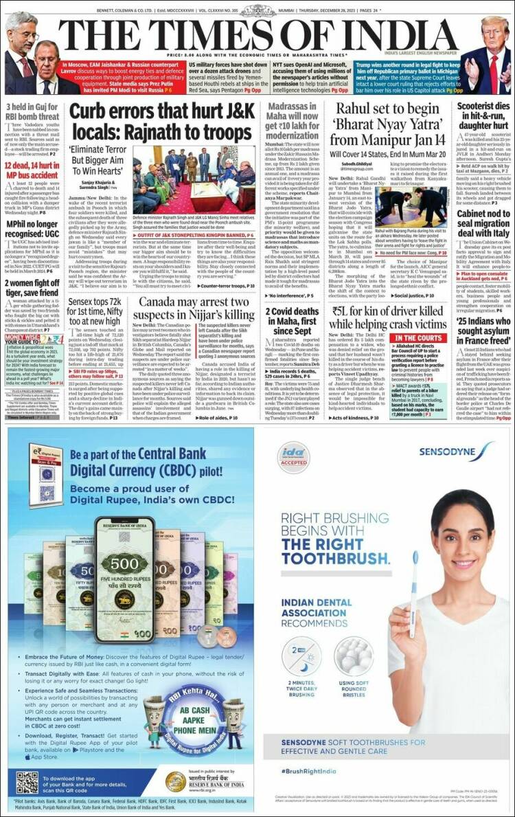 Portada de The Times of India (India)