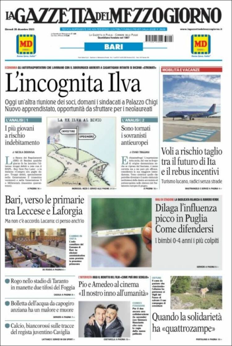 Portada de La Gazzetta del Mezzogiorno (Italia)