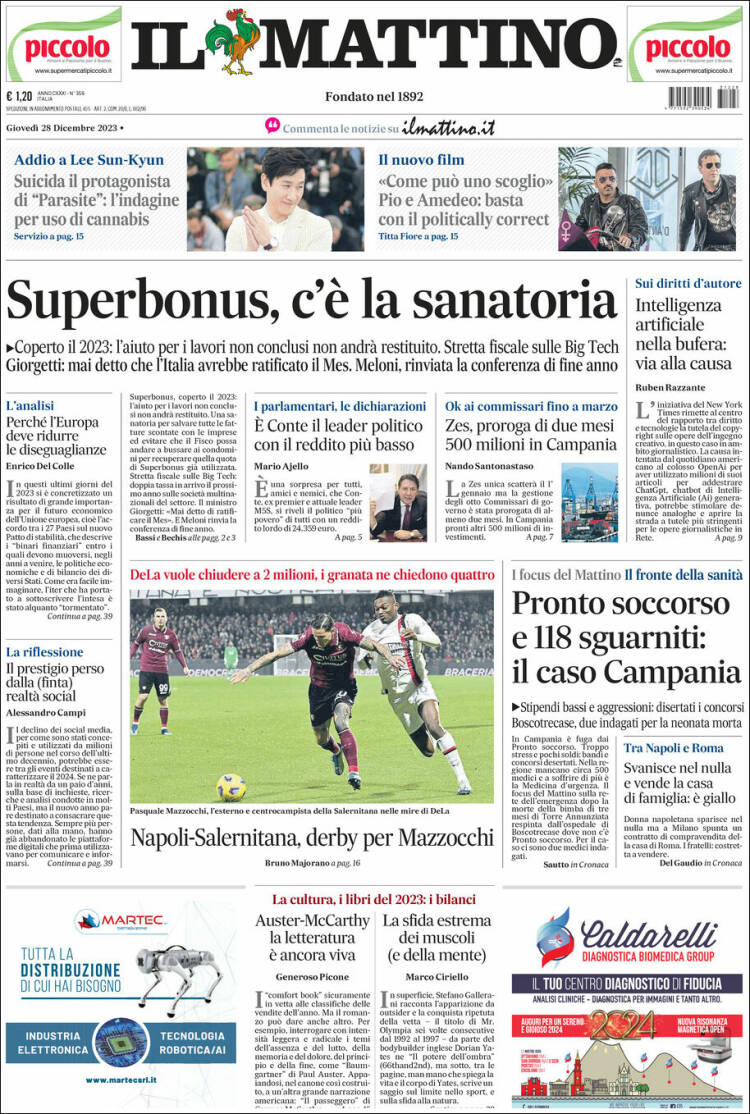Portada de Il Mattino (Italia)