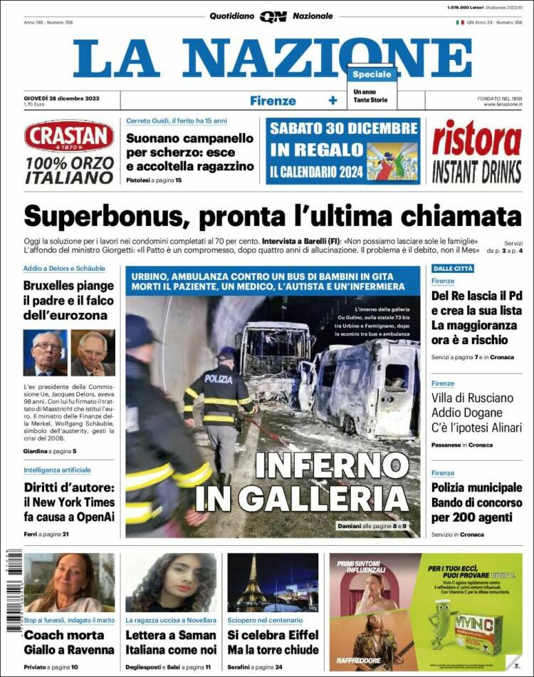 Portada de La Nazione (Italia)