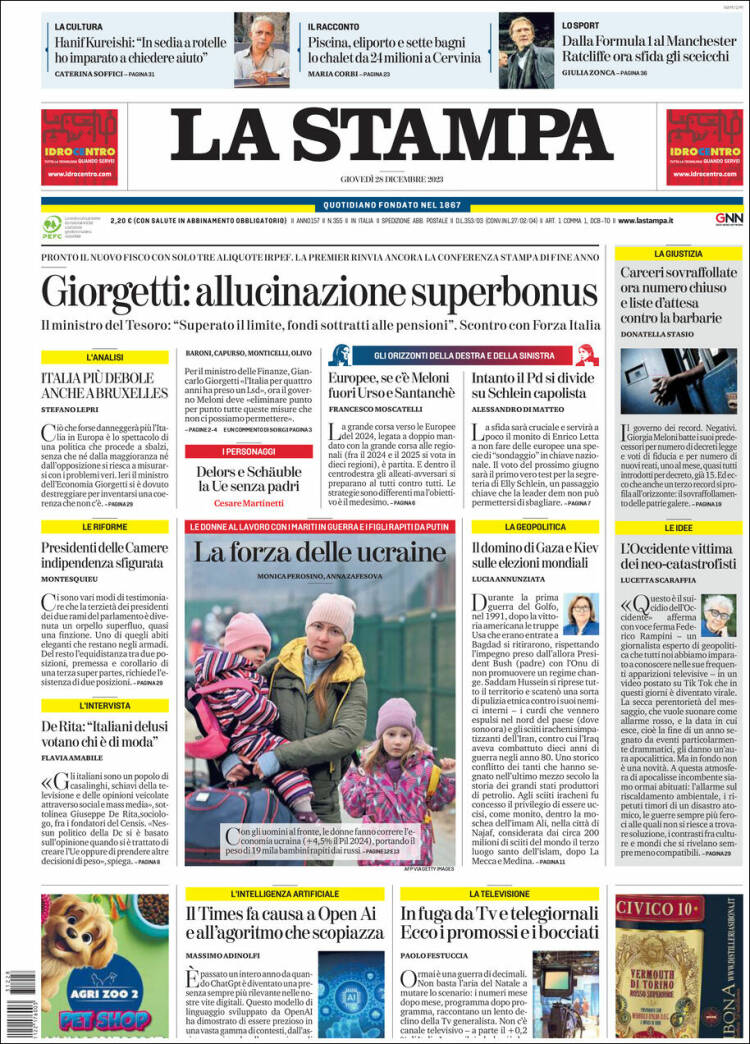 Portada de La Stampa (Italia)