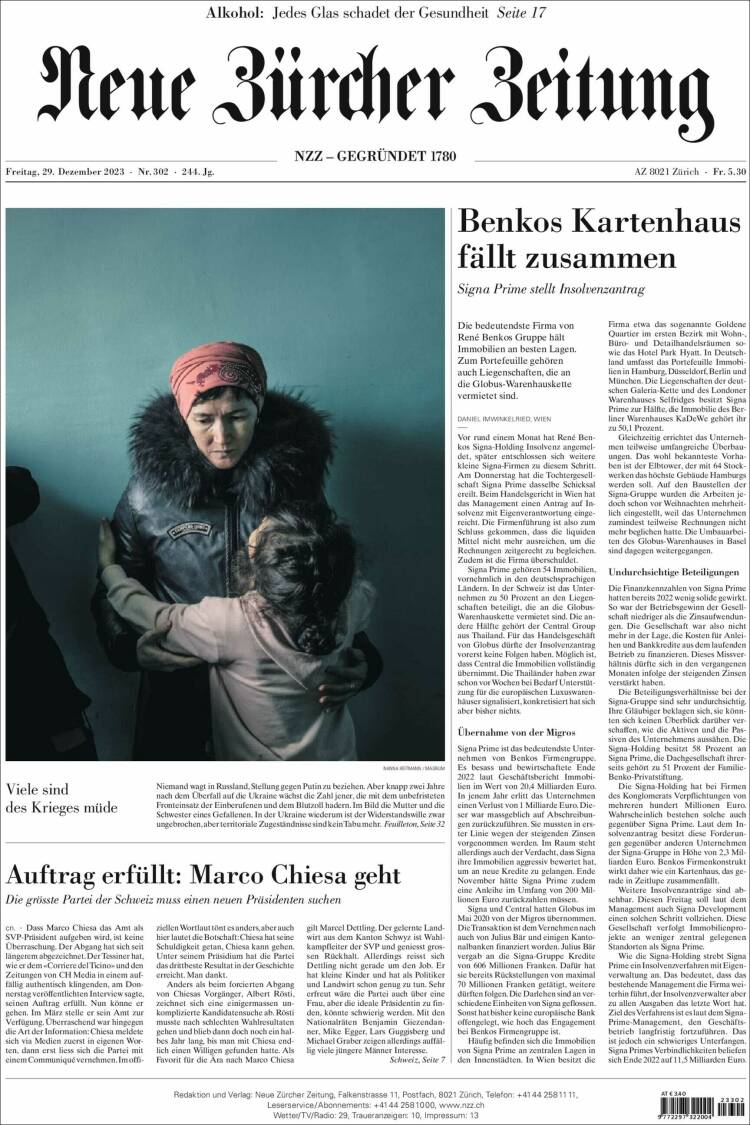 Portada de Neue Zürcher Zeitung (Suiza)