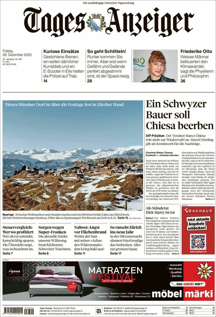 Portada de Tages-Anzeiger (Suiza)