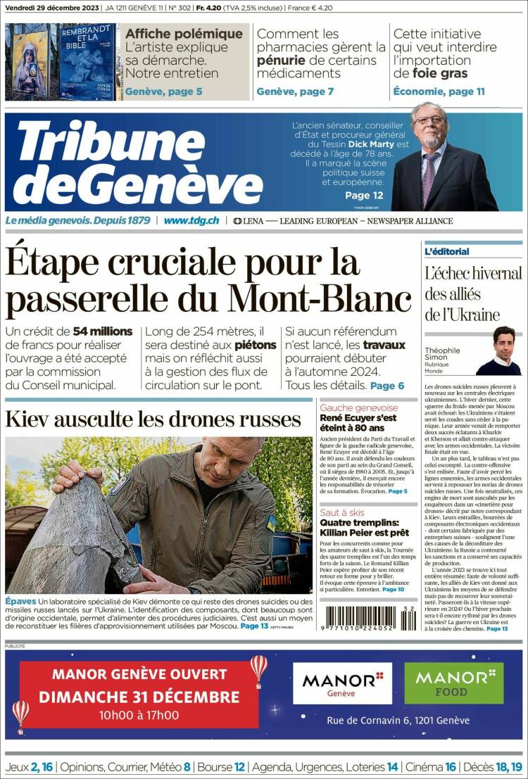 Portada de La Tribune de Genève (Suiza)